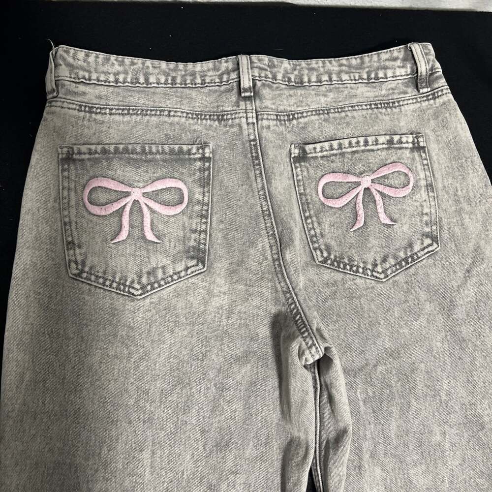 ASHLEY MASON Denim Jeans Pink Ribbon BOW Embroidered Gray Wash Baggy Fit 9/29